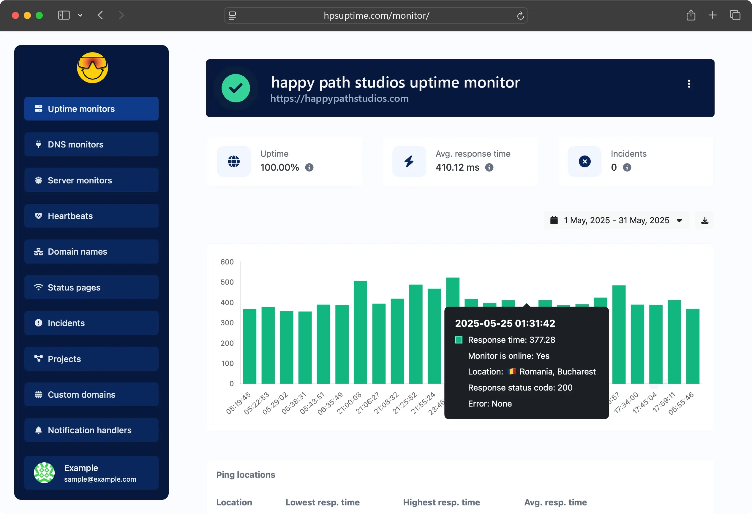 Screenshot of the app uptime monitor page
